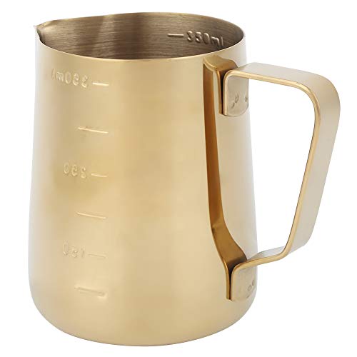 Milchkännchenbecher aus Edelstahl, Kaffee-Latte-Becher mit ergonomischer Griffwaage Der Milchkrug hat eine klare Messskala für das Café(Golden, 350ML (with scale)) von Omabeta