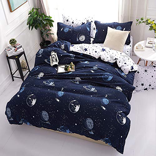 Omela Bettwäsche Kinder 140x200 Jungen Planeten Sterne Weltraum Universum Blau Weiß Wendemotiv Bettbezug 2 Teilig Kinderbettwäsche Set mit Kissenbezug 70x90 cm Reißverschluss von Omela