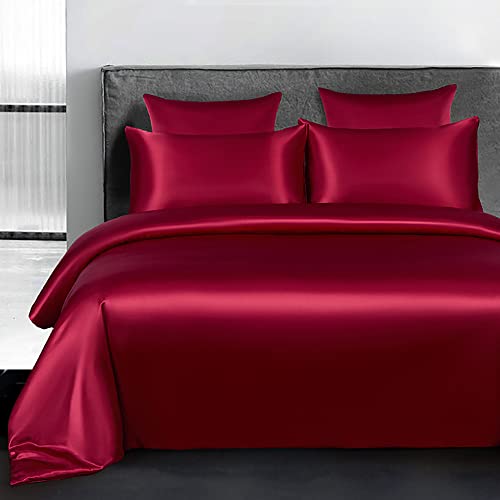 Omela Bettwäsche Satin 135x200 Weinrot Einfarbig Glatt Glänzend Bettbezug mit Reißverschluss 2 Teilig 100% Glanzsatin Polyester Sommerbettwäsche Set Kissenbezug 80x80 cm von Omela