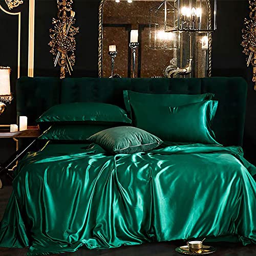 Omela Bettwäsche Satin 200x200 Grün Dunkelgrün Einfarbig Glatt Bettbezug mit Reißverschluss 3 Teilig Sommerbettwäsche Set 100% Glanzsatin Polyester Deckenbezug und Kissenbezüge 80x80 cm von Omela