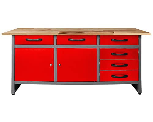 Ondis24 Werkbank Karsten rot Werktisch Packtisch 6 Schubladen Werkstatteinrichtung 160 x 60 x 85 (H) cm Buchenholzarbeitsplatte, Metall bis 510kg belastbar von Ondis24