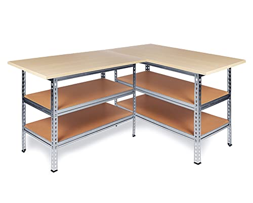 Ondis24 Werkstatt-Set Ecklösung Sparfuchs-Uwe 180 x 120 x 92 cm (H), 2X Werkbank aus Metall, melaminbeschichtete Arbeitsplatte, Problemlöser für Ecke von Ondis24