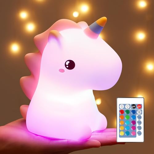 One Fire Nachtlicht Kinder, 16 Farben 5 Helligkeit Baby Stilllicht, Einhorn Geschenke für Mädchen, Batterie, Nachttischlampe Dimmbar, Kawaii Kinderzimmer Babyzimmer Deko von One Fire