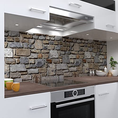 OneWheel | selbstklebende Küchenrückwand | 340x60 cm harte PVC Folie | Wandtattoo für Fliesenspiegel Design Stein grau | Motiv: Steinmauer1 von OneWheel
