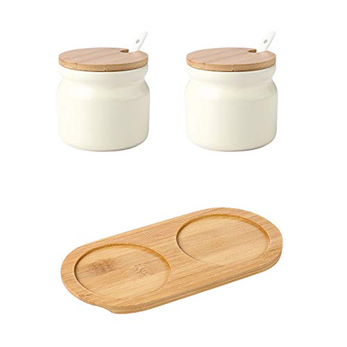 OnePine 2er Set Keramik Gewürzdosen, 300ml Zuckerdose Keramik Zucker Schüssel Salzstreuer mit Löffel und Bambus Deckel für Zuhause und Küche von OnePine