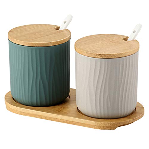 OnePine 2er Set Keramik Gewürzdosen Zuckerdose Keramik Zucker Schüssel mit Löffel und Bambus Deckel für Tee Zucker Salz Gewürze Bei Zuhause und Küche von OnePine
