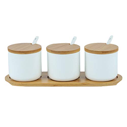 OnePine 3er Set Keramik Gewürzdosen Salztopf Keramik Zuckerdose Gewürzgläser mit Löffel und Bambus Deckel für Tee Zucker Salz Gewürze von OnePine