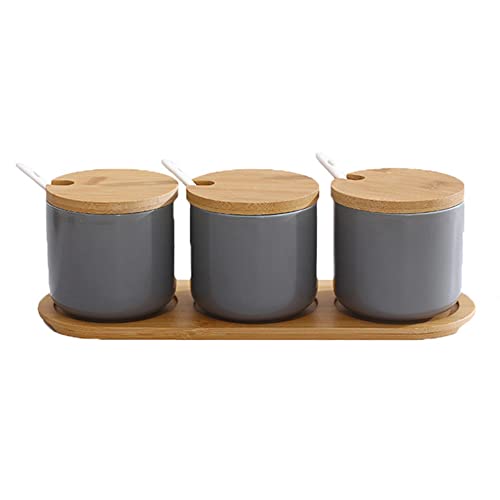 OnePine 3er Set Keramik Gewürzdosen Salztopf Keramik Zuckerdose Gewürzgläser mit Löffel und Bambus Deckel für Tee Zucker Salz Gewürze von OnePine