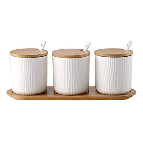 OnePine 3er Set Weiß Keramik Gewürzdosen Zuckerdose Keramik Zucker Schüssel mit Löffel und Bambus Deckel für Tee Zucker Salz Gewürze Bei Zuhause und Küche von OnePine
