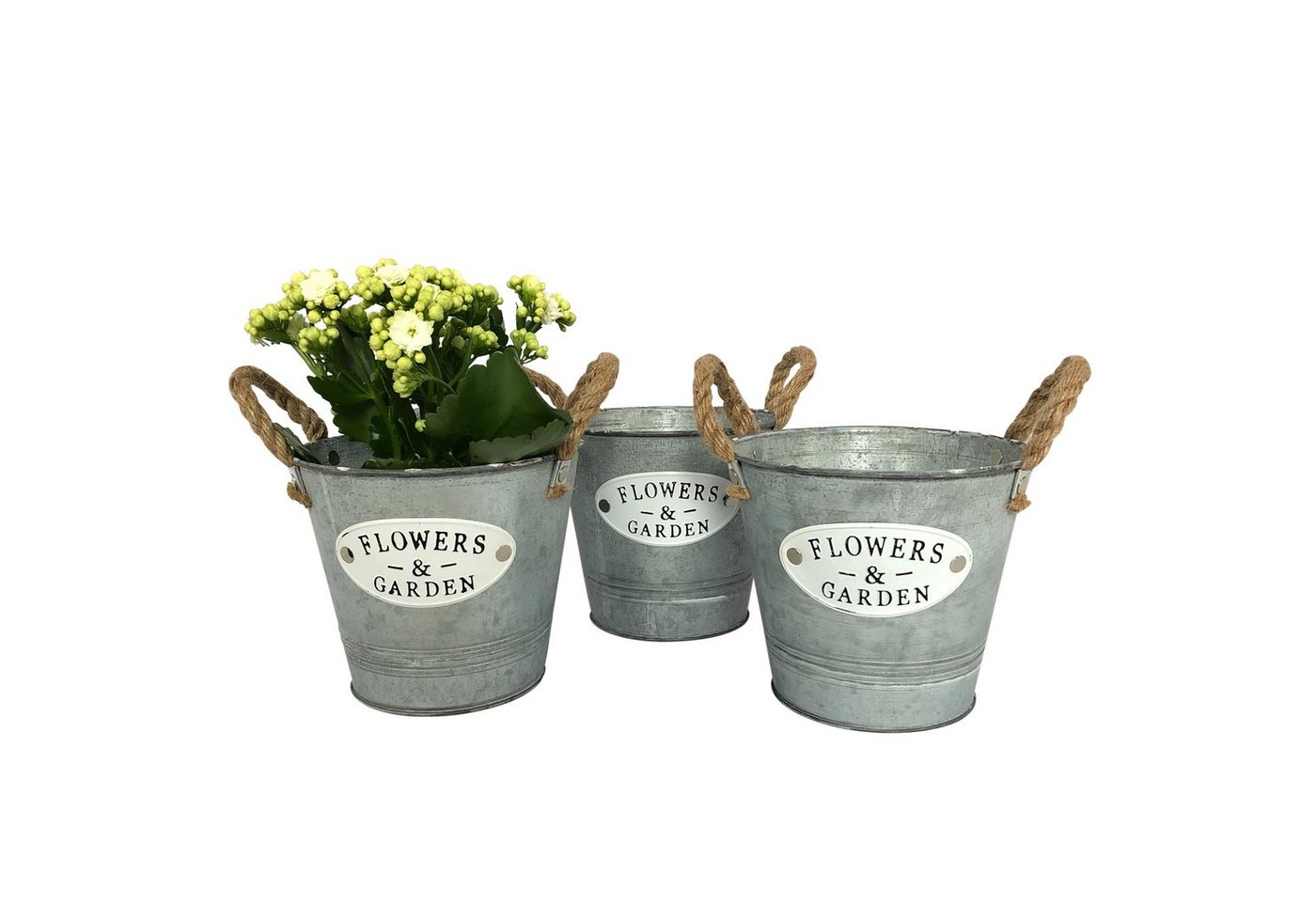 Online-Fuchs Blumentopf 3er Set runde Blumenschalen aus Zink Henkel aus Naturseil P16 (mit Schriftzug Flowers & Garden", Blumen, Kräuter), Maße kleiner Eimer ca. 16 cm im Durchmesser und 14 cm hoch." von Online-Fuchs