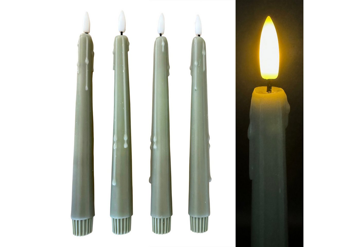 Online-Fuchs LED-Kerze 4 LED Stabkerzen im Set mit Wachstropfen aus Echtwachs - (Fernbedienung und Timerfunktion -, Creme, Weiß, Rosa, Salbei Grün), 198 von Online-Fuchs