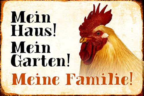 Ontrada Blechschild 20x30cm gewölbt Tiere Huhn Mein Haus Garten Familie Deko Geschenk Metall Schild von Ontrada