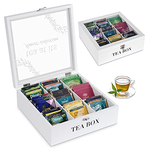 Optyuwah Teebox, Weiß Teekasten Tee aus Holz Aufbewahrungsbox mit 9 Trennfächern - Teebeutelbox Teekiste für Teebeutel Zucker Kaffeekapsel, Vorratsdose mit Glas Sichtfenster Deckel von Optyuwah
