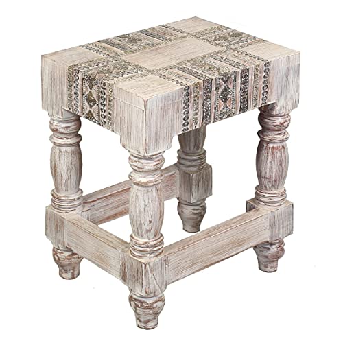 Oriental Galerie Indischer Beistelltisch mit Messing Verzierung Tisch Tischchen Nachttisch Hocker Asien Natur ca. 36 cm hoch Klein von Oriental Galerie