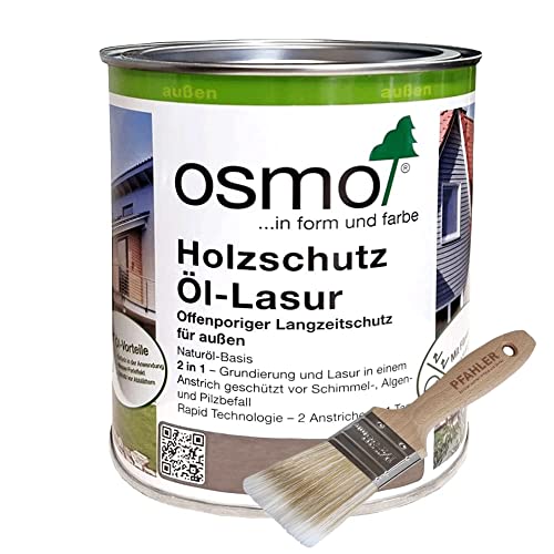 Osmo Holzschutz Öl-Lasur - 0,75 l (707 Nussbaum) + Flächenstreicher Pinsel von Pfahler Gratis. Grundierung und Lasur in einem Anstrich, Wirkt wasserabweisend und ist äußerst wetterund UV-beständig von Osmo Holz und Color GmbH&Co.KG