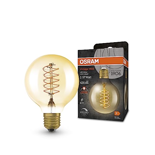 OSRAM Vintage 1906 LED-Lampe mit Gold-Tönung, 4,8W, 420lm, Kugel-Form mit 80mm Durchmesser & E27-Sockel, warmweiße Lichtfarbe, spiralförmiges Filament, dimmbar, bis zu 15.000 Stunden Lebensdauer von Osram