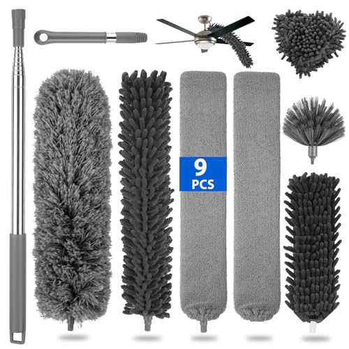 Otauoaea Staubwedel Teleskop Lang Ausziehbar, 9 Stücke Maximale Länge 37,5-190cm, Staubwischer mit Biegbar Eckbesen, Langer Staubwedel für Decke Deckenventilator, Spinnweben und Kronleuchter von Otauoaea