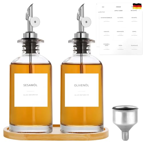 Otauoaea Essig und Ölflaschen Set - 2 Stück Olivenöl Flasche - Ölflaschen Zum Befüllen - 350ml Ölflaschen Glas mit Etiketten und Trichter,Bambus-Tablett - Silber von Otauoaea