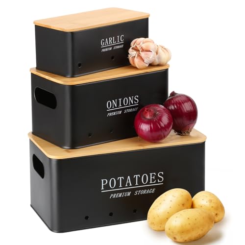 Otauoaea Kartoffel Aufbewahrungsbox - Vorratsdose 3er Set - Kartoffeln, Zwiebeln und Knoblauch Aufbewahrung - Hält Gemüse Länger Frisch - Kartoffeltopf Zwiebeltopf und Knoblauchtopf - Schwarz von Otauoaea