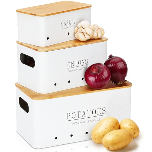 Otauoaea Kartoffel Aufbewahrungsbox - Vorratsdose 3er Set - Kartoffeln, Zwiebeln und Knoblauch Aufbewahrung - Hält Gemüse Länger Frisch - Kartoffeltopf Zwiebeltopf und Knoblauchtopf - Weiß von Otauoaea