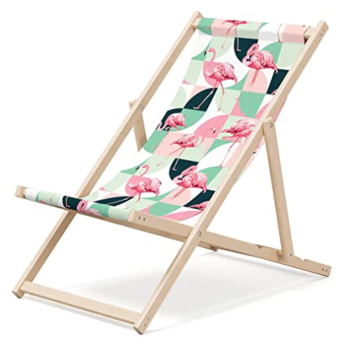Outentin Gartenliege Klappbar Holz Strand - Premium Liegestuhl aus Holz groß - für Garten, Balkon und Strand - Modernes Design - Strandliege Holz Klappbar - Bis 130 kg Motiv Pastelle Flamingo von Outentin
