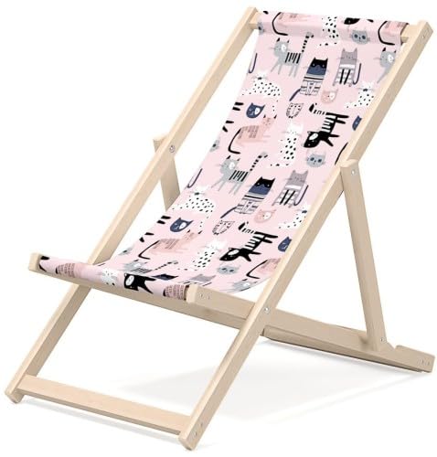 Outentin Kinder Liegestuhl für Garten - Premium Liegestuhl Kinder Holz für Balkon und Strand - Sonnenliege für Kinder - Modernes Design - Liegestuhl Kinder Outdoor - Motiv Kätzchen von Outentin