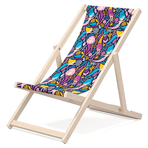 Outentin Kinder Liegestuhl für Garten - Premium Liegestuhl Kinder Holz für Balkon und Strand - Sonnenliege für Kinder - Modernes Design - Liegestuhl Kinder Outdoor - Motiv Meerjungfrauen von Outentin