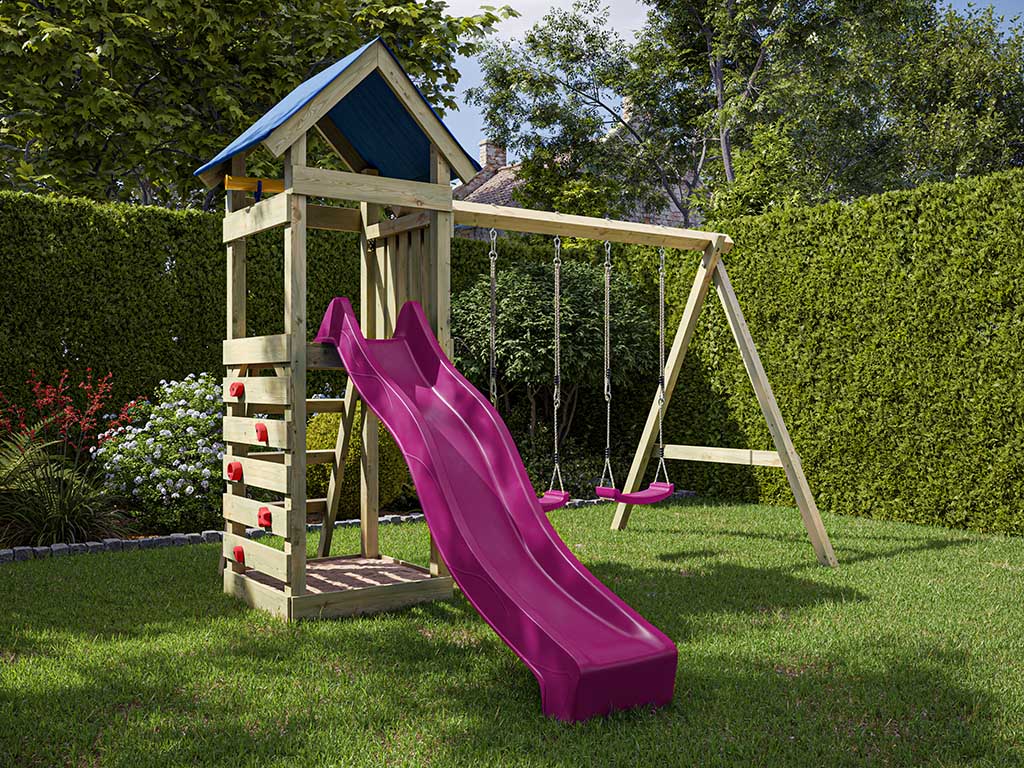 Outgarden Spielturm Easy KDI inkl. Doppelschaukel inkl. Rutsche pink + Sitze pink - BxTxH: 327x317x258 cm, inkl. Kletterwand, inkl. Rutsche pink + von Outgarden