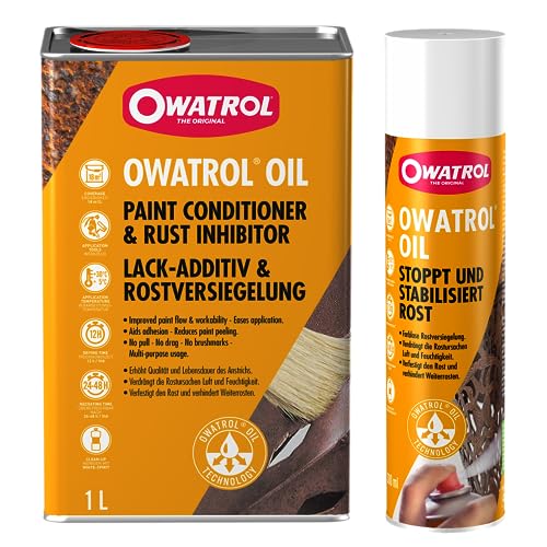 OWATROL – OIL – Set – Farbloser Rostschutzlack (1 Liter) und -spray (300ml) – farblos – dringt ein und stoppt Rost, Schutz für Oberflächen aus Metall Kunststoff Glas Holz von OWATROL