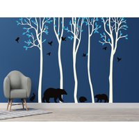Weißer Baum Aufkleber, Birkenbaum Wandtattoa, Mit Bär Hirsch Wanddeko, Kinderzimmer Große Wandkunst von OwenWallArt