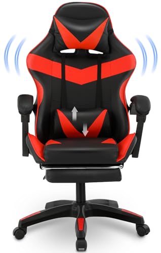 Oyajia Bürostuhl Gaming Stuhl Massage Gaming Sessel Ergonomischer Gamer Stuhl mit Fußstütze, Kopfstütze Massage-Lendenkissen, Gepolstert Gaming Chair, Drehsessel (Rot) von Oyajia