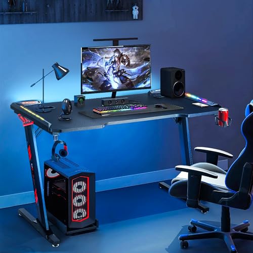 Oyajia Ergonomic Gaming Tisch 120x60 cm, Gaming Schreibtisch mit LED, PC Tisch Gaming mit 3 USB Ladeanschluss, Computertisch mit Kopfhörerhaken und Getränkehalter von Oyajia
