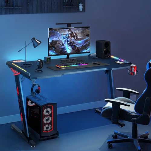 Oyajia Ergonomic Gaming Tisch 140x60 cm, Gaming Schreibtisch mit LED, PC Tisch Gaming mit 3 USB Ladeanschluss, Computertisch mit Kopfhörerhaken und Getränkehalter von Oyajia