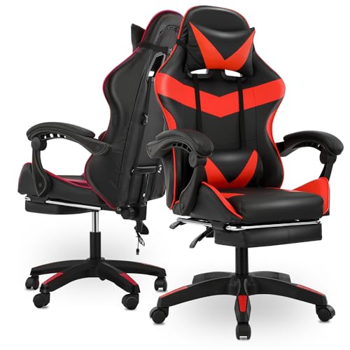 Oyajia Ergonomischer Gamer-Sessel, Gaming-Stuhl, Bürostuhl, mit Teleskop-Fußstütze, verstellbare Kopfstütze, Lendenwirbelstütze, Tragkraft 150 kg (Rot) von Oyajia