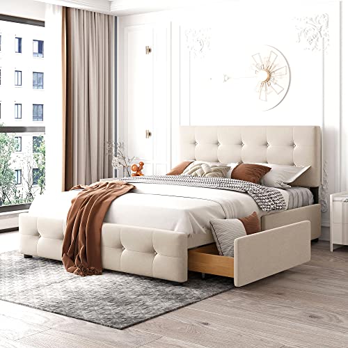 Oyemige Polsterbett mit 4 Schubladen, 140 x 200 cm Doppelbett mit Lattenrost und Rückenlehne, Stauraumbett aus Samtstoff für Erwachsene und Jugendliche, Ohne Matratze (Beige) von Oyemige