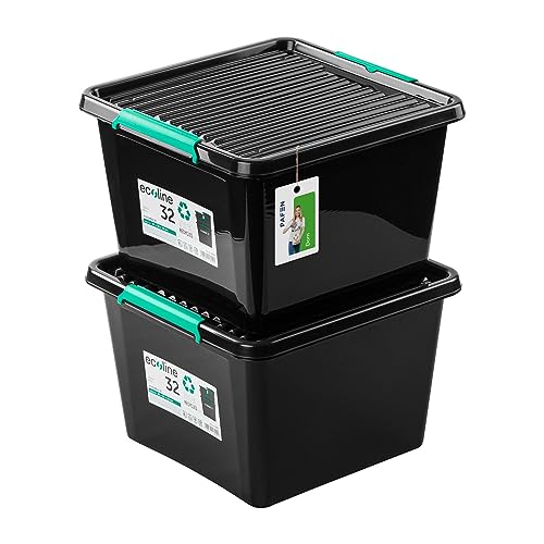 PAFEN 2x Aufbewahrungsbox mit Deckel Öko-Linie 32L - 39,5 x 39,5 x 26 cm - Boxen Aufbewahrung Stapelboxen mit Verschlussclips Kunststoffbehälter Kleiderboxen Organizer | Schwarz von PAFEN