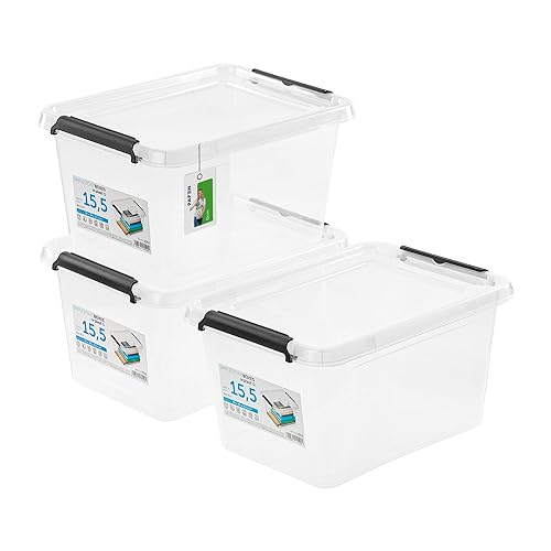PAFEN 3x Aufbewahrungsbox mit Deckel 15,5L - 39 x 29 x 21,5 cm - SET Aufbewahrungsbehälter Transparent Boxen Aufbewahrung Stapelboxen mit Verschlussclips Kunststoffbehälter von PAFEN