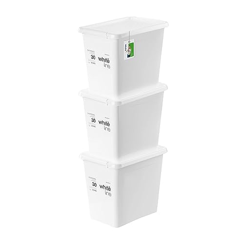 PAFEN 3x Aufbewahrungsbox mit Transparent Deckel 30L - 40 x 30 x 35 cm - Boxen Aufbewahrung Stapelboxen mit Verschlussclips Kunststoffbehälter Kleiderboxen Organizer | Weiß von PAFEN