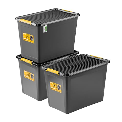 PAFEN 3x Robuster Aufbewahrungsbox 80L mit Rollen - 58 x 39 x 42 cm - Behälter für besondere Aufgaben Aufbewahrungsbehälter Boxen Aufbewahrung Stapelboxen mit Verschlussclips Kunststoffbehälter von PAFEN