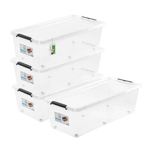 PAFEN 4x Aufbewahrungsbox auf Rollen 55,0L – 76 x 39 x 25 cm - SET Aufbewahrungsbehälter Transparent Boxen Aufbewahrung Stapelboxen mit Verschlussclips Kunststoffbehälter von PAFEN