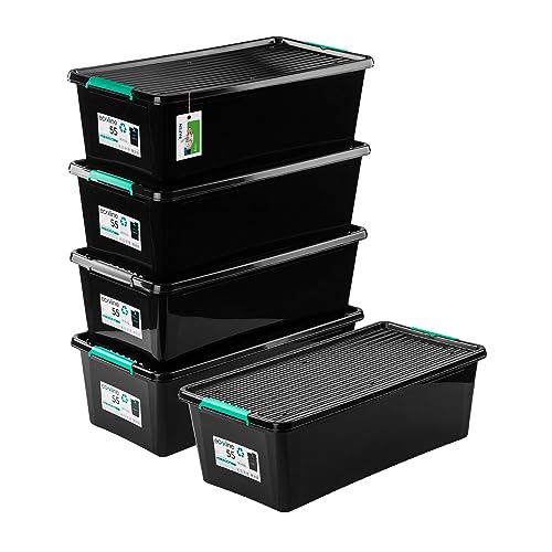 PAFEN 5x Aufbewahrungsbox auf Rädern Öko-Linie 55L - 76,5 x 39,5 x 25,5 cm - Boxen Aufbewahrung Stapelboxen mit Verschlussclips Kunststoffbehälter Kleiderboxen Organizer | Schwarz von PAFEN