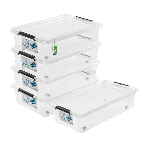 PAFEN 5x Aufbewahrungsbox auf Rollen 29,0L – 58 x 39 x 16 cm - SET Aufbewahrungsbehälter Transparent Boxen Aufbewahrung Stapelboxen mit Verschlussclips Kunststoffbehälter von PAFEN