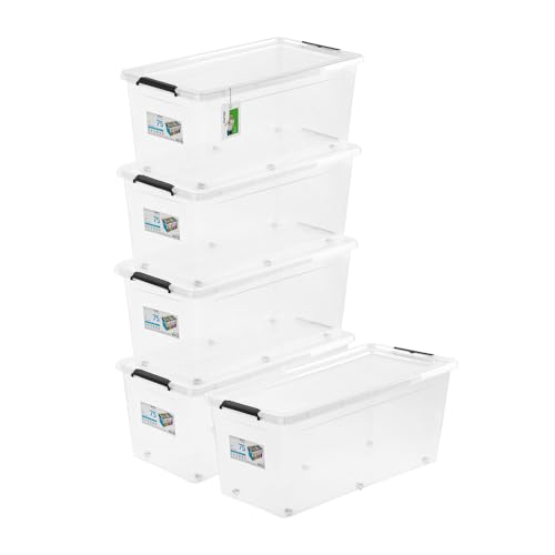 PAFEN 5x Aufbewahrungsbox auf Rollen 75,0L – 76 x 39 x 35 cm - SET Aufbewahrungsbehälter Transparent Boxen Aufbewahrung Stapelboxen mit Verschlussclips Kunststoffbehälter von PAFEN