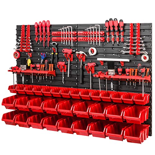 PAFEN Werkstattregal Lagersystem - 1152 x 780 mm - Wandregal mit Rot Stapelboxen und Werkzeughalter - Schüttenregal Wandplatten Extra Starke von PAFEN