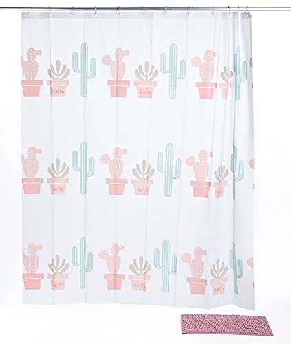 PANA Diego 3teiliges Badezimmerset • Duschvorhang + Badematte + 12 Ringe • in 5 verschiedenen Designs • Farbe: Kaktus - rosa von PANA