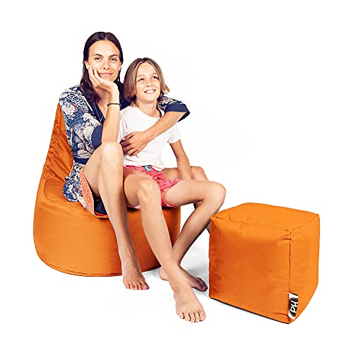 PATCH HOME Patchhome Gamer Kissen Lounge Kissen Sitzsack Sessel Sitzkissen Bean Bag + Würfel/Hocker mit Reißverschluss bereits befüllt (Orange, XL - Ø75cm Sessel + 35x35cm Würfel) von PATCH HOME