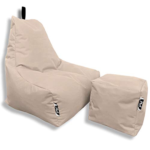 PATCH HOME Patchhome Sitzsack Lounge Sessel + Würfel/Hocker mit Reißverschluss Gamer Sitzkissen fertig mit Styropor Füllung befüllt H:82cm | T:70cm | B:75cm + 35x35cm Würfel Creme von PATCH HOME