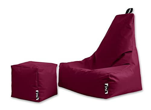PATCH HOME Sitzsack Sitzkissen Beanbag Premium Lounge Gaming Sessel inkl. Würfel In & Outdoor geeignet fertig befüllt H:82cm | T:70cm | B:75cm + 35x35cm Würfel Weinrot von PATCH HOME