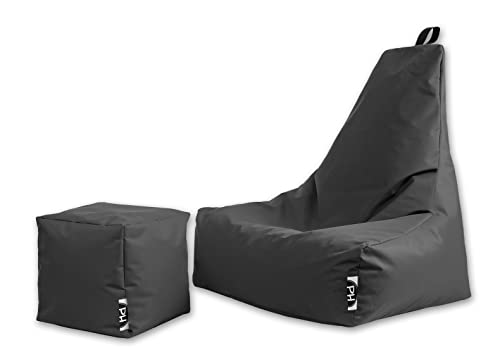 PATCH HOME Sitzsack Sitzkissen Beanbag Premium Lounge Gaming Sessel inkl. Würfel In & Outdoor geeignet fertig befüllt H:82cm | T:70cm | B:75cm + 35x35cm Würfel Anthrazit von PATCH HOME