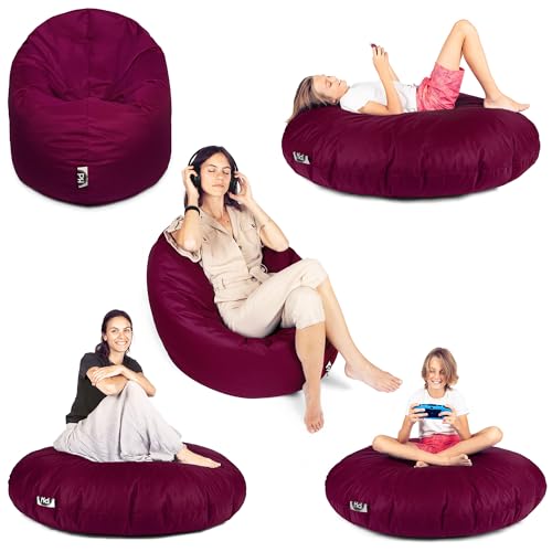 PATCH HOME Patchhome Sitzsack 2 in 1 Sitzkissen Bodenkissen für Erwachsene & Kinder - Gaming mit Füllung Kissen Sessel BeanBag (Ø 145cm, Weinrot) von PATCH HOME